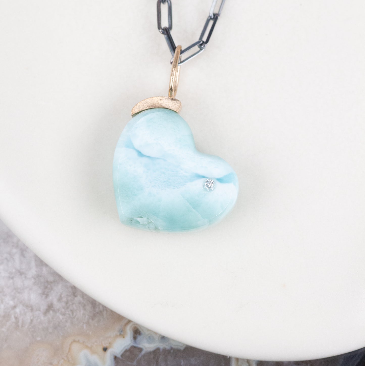 Larimar and Diamond Gold Heart Charm