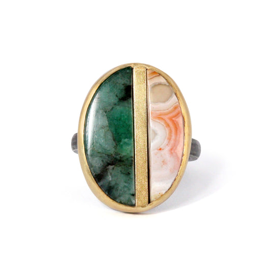 Emerald and Laguna Lace Agate Gold Inlay Ring