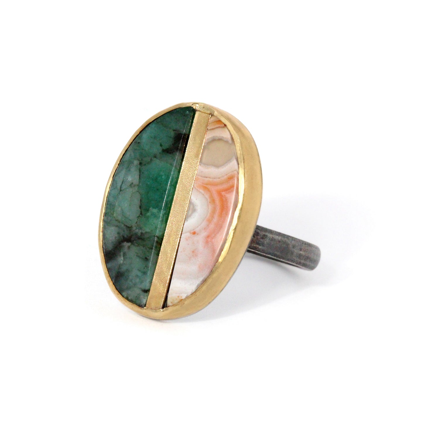 Emerald and Laguna Lace Agate Gold Inlay Ring