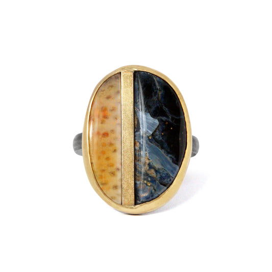 Pietersite and Fossilized Palm Wood Gold Inlay Ring