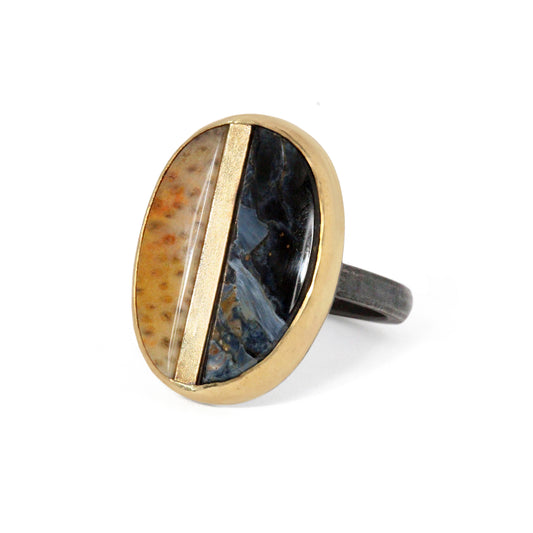 Pietersite and Fossilized Palm Wood Gold Inlay Ring