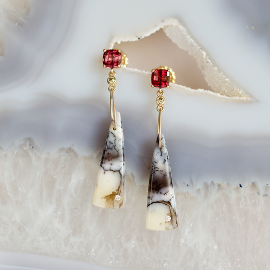 Garnet, Dendritic Opal, and Diamond Gold Triangle Earrings