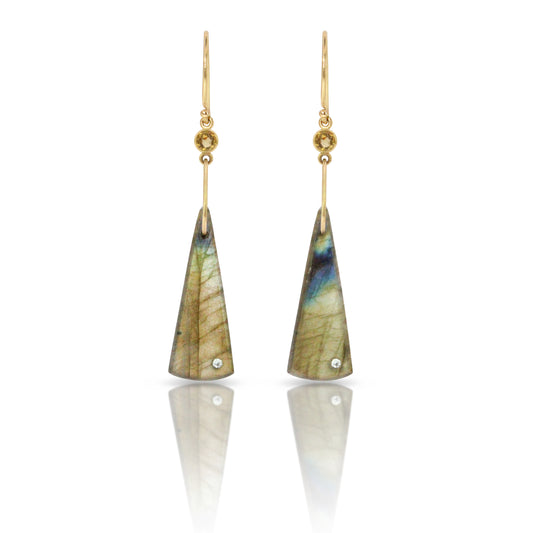 Labradorite, Citrine, and Diamond Gold Triangle Earrings