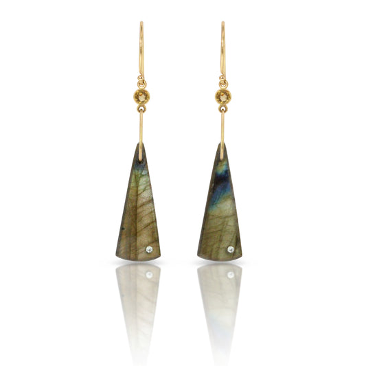 Labradorite, Citrine, and Diamond Gold Triangle Earrings