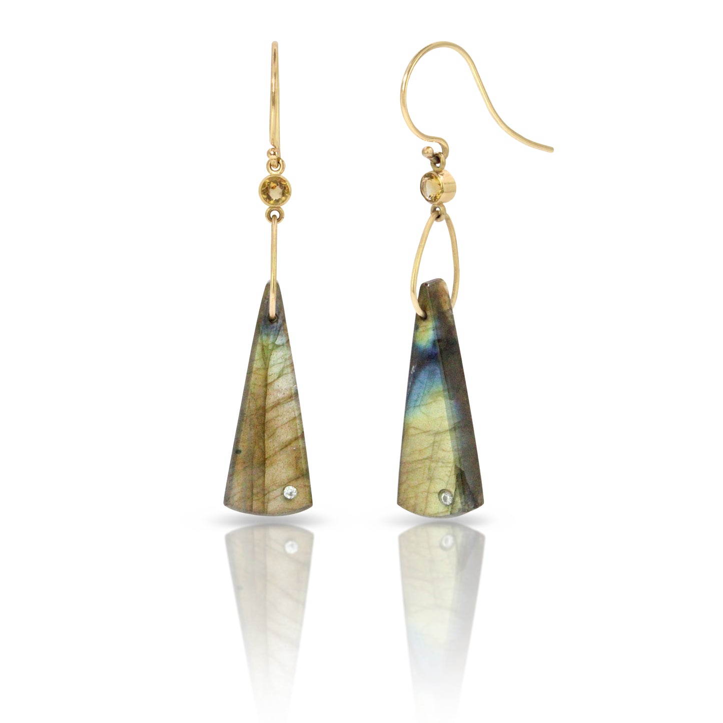 Labradorite, Citrine, and Diamond Gold Triangle Earrings