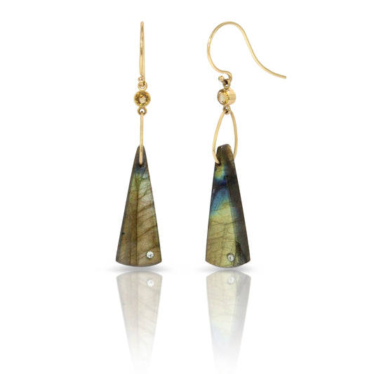 Labradorite, Citrine, and Diamond Gold Triangle Earrings