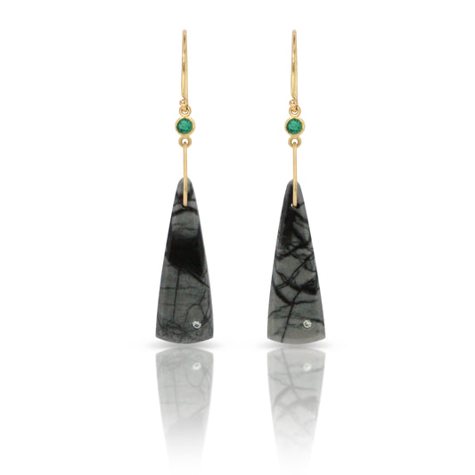 Picasso Jasper, Emerald, and Diamond Gold Triangle Earrings