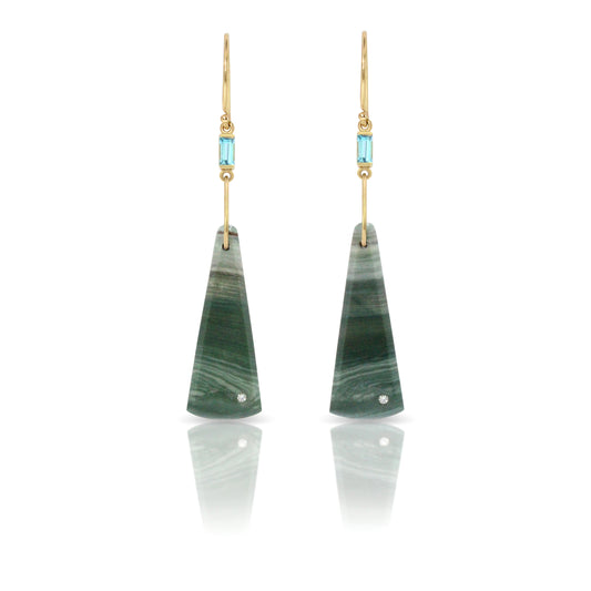 Blue Mountain Jasper, Topaz and Diamond Gold Triangle Earrings