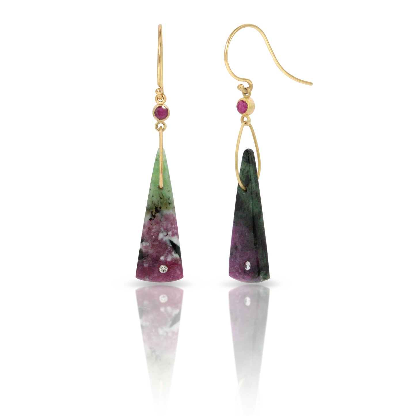 Ruby in Zoisite, Ruby, and Diamond Gold Triangle Earrings