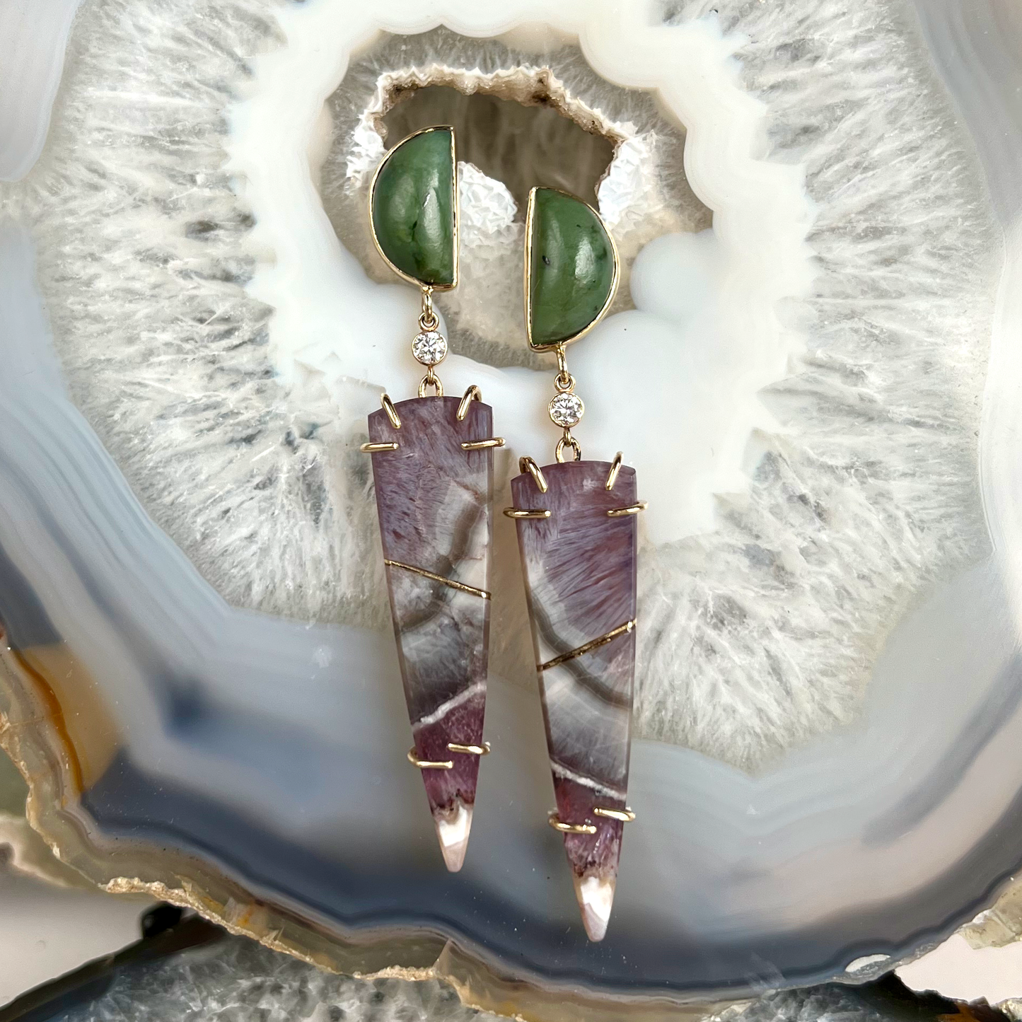 Amethyst, Jade, and Diamond Gold Kintsugi Earrings