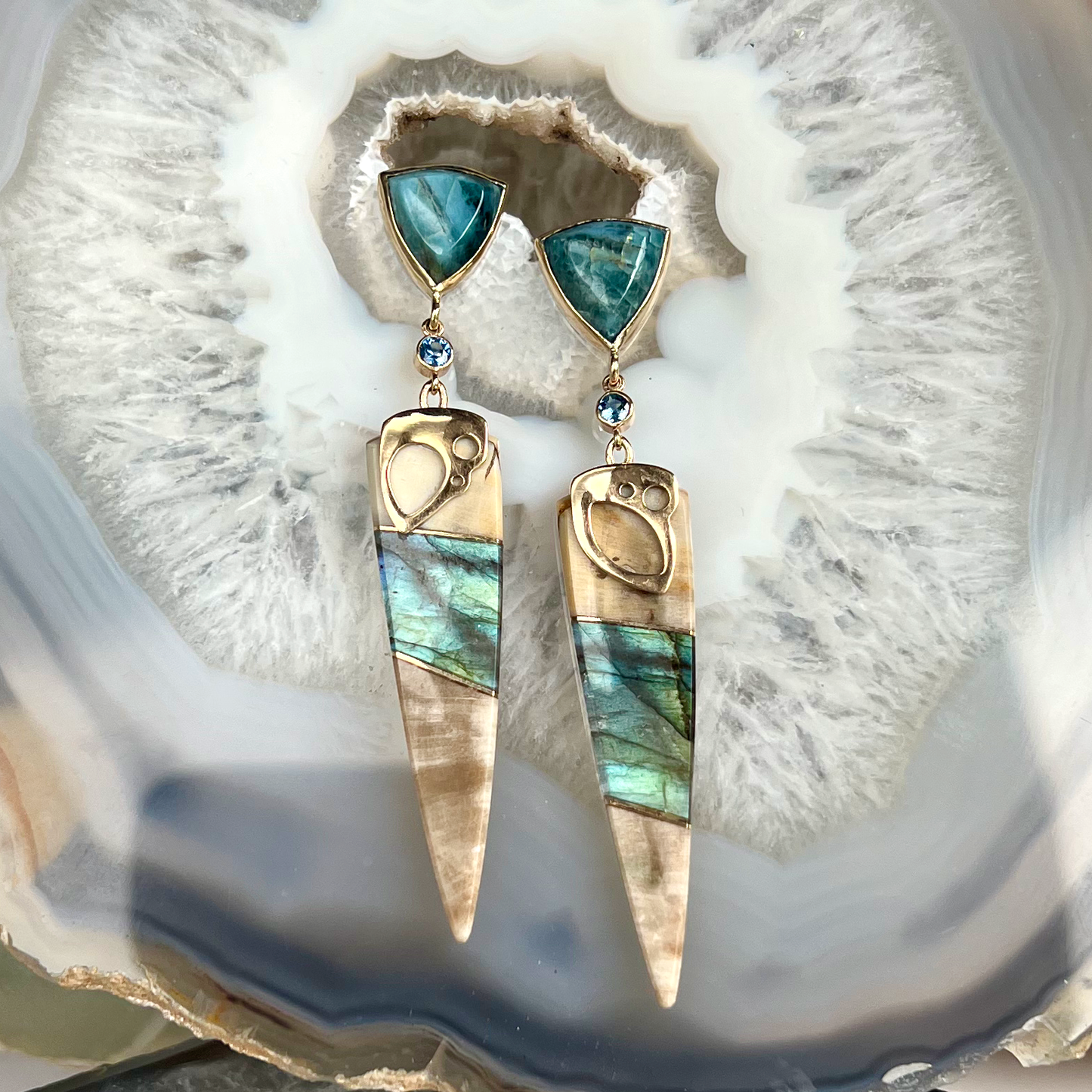 Apatite, Labradorite, Petrified Wood, and Montana Sapphire Gold Intarsia Earrings