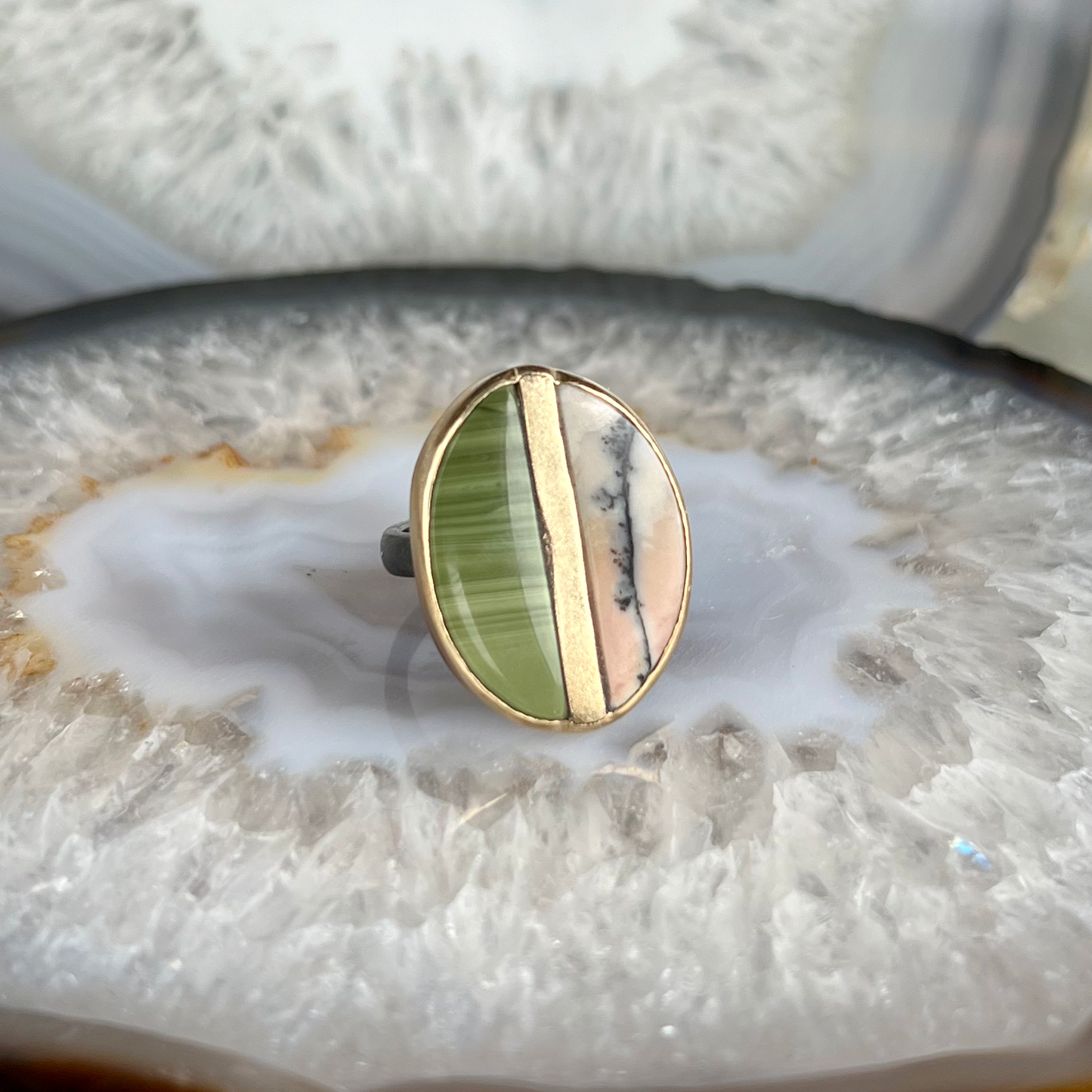 Green Jasper and Tiffany Stone Gold Inlay Ring