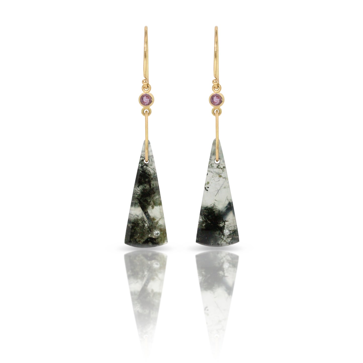 Prehnite, Sapphire, and Diamond Gold Triangle Earrings