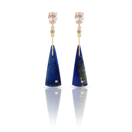 Morganite, Lapis, and Diamond Gold Triangle Earrings