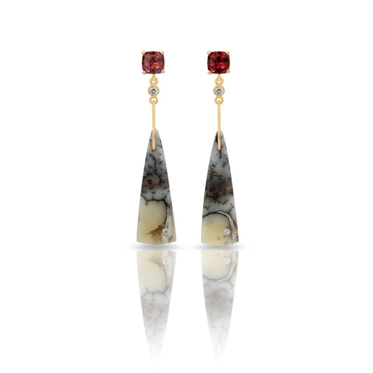 Garnet, Dendritic Opal, and Diamond Gold Triangle Earrings