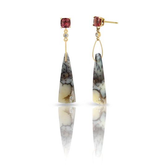 Garnet, Dendritic Opal, and Diamond Gold Triangle Earrings