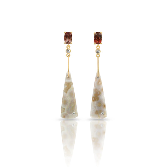 Sunstone, Ocean Jasper, and Diamond Gold Triangle Earrings