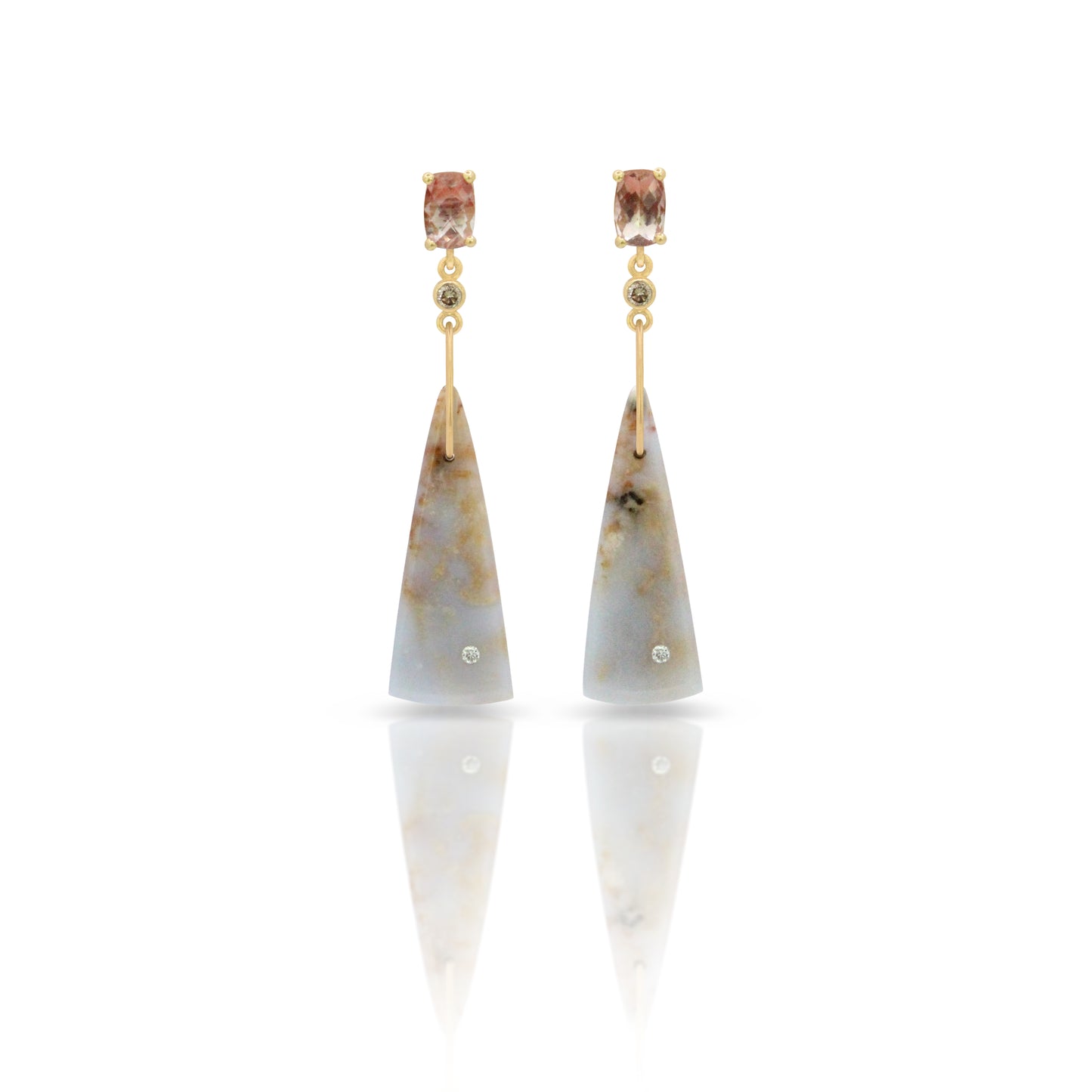 Blue Chalcedony, Sunstone, and Diamond Gold Triangle Earrings