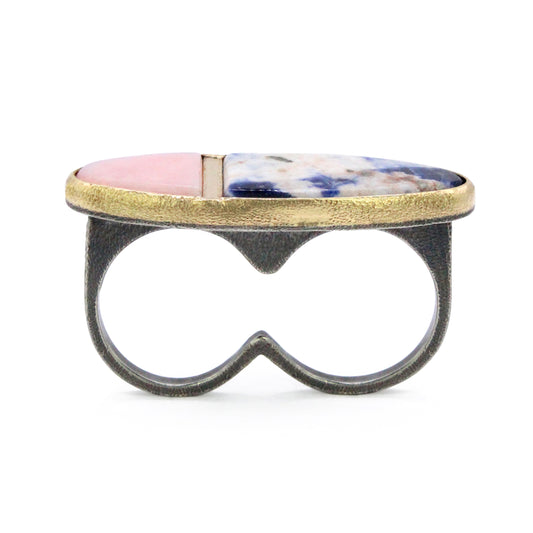 Pink Opal and Sodalite Gold Inlay Two-finger Ring
