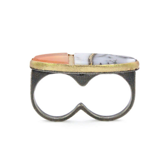 Dendritic Opal and Agate Gold Inlay Kintsugi Two-finger Ring