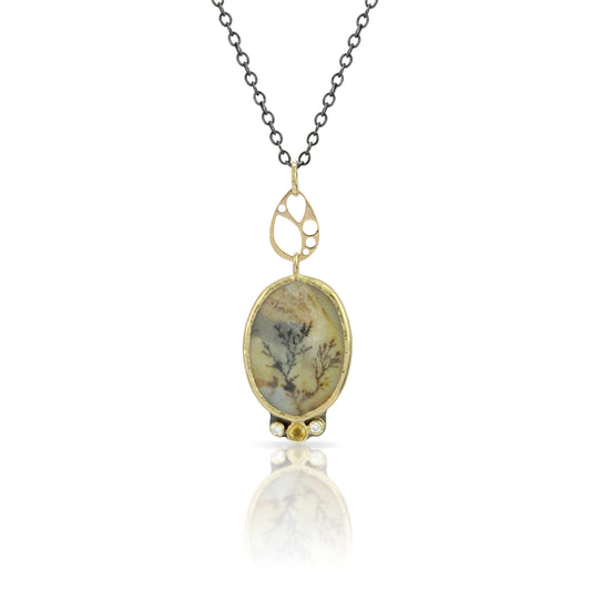 Dendritic Agate, Citrine, and Diamonds Gold Pendant