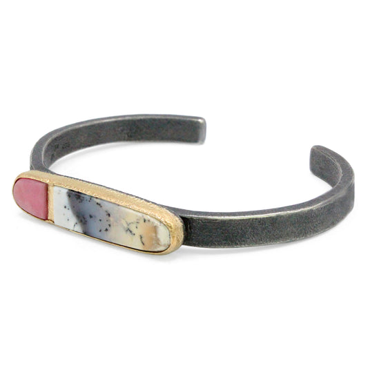 Pink Opal and Dendritic Opal Agate Gold Inlay Bracelet