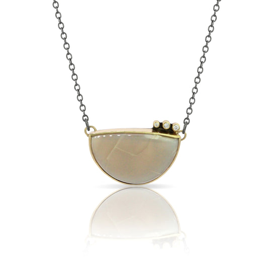 Moonstone and Diamond Gibbous Moon Gold Necklace