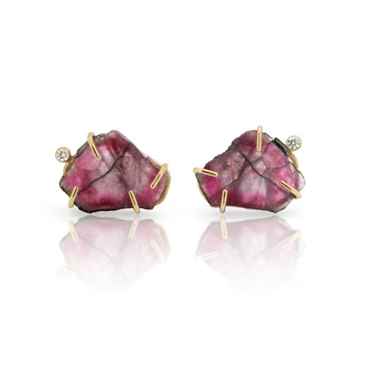 Tourmaline Slice and Diamond Gold Stud Earrings