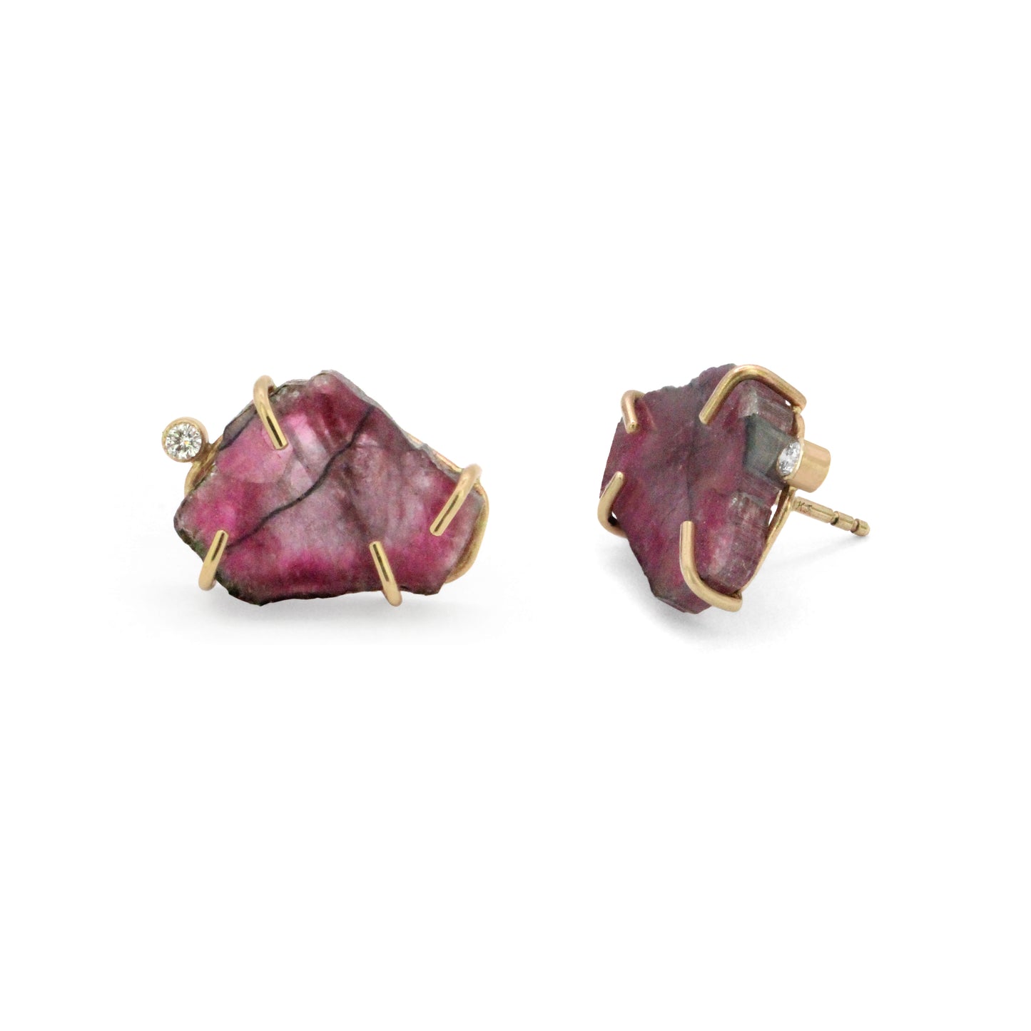 Tourmaline Slice and Diamond Gold Stud Earrings