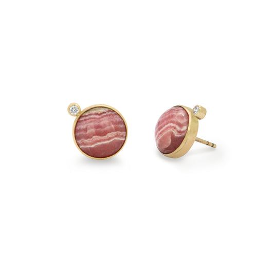 Rhodochrosite and Diamond Gold Stud Earrings