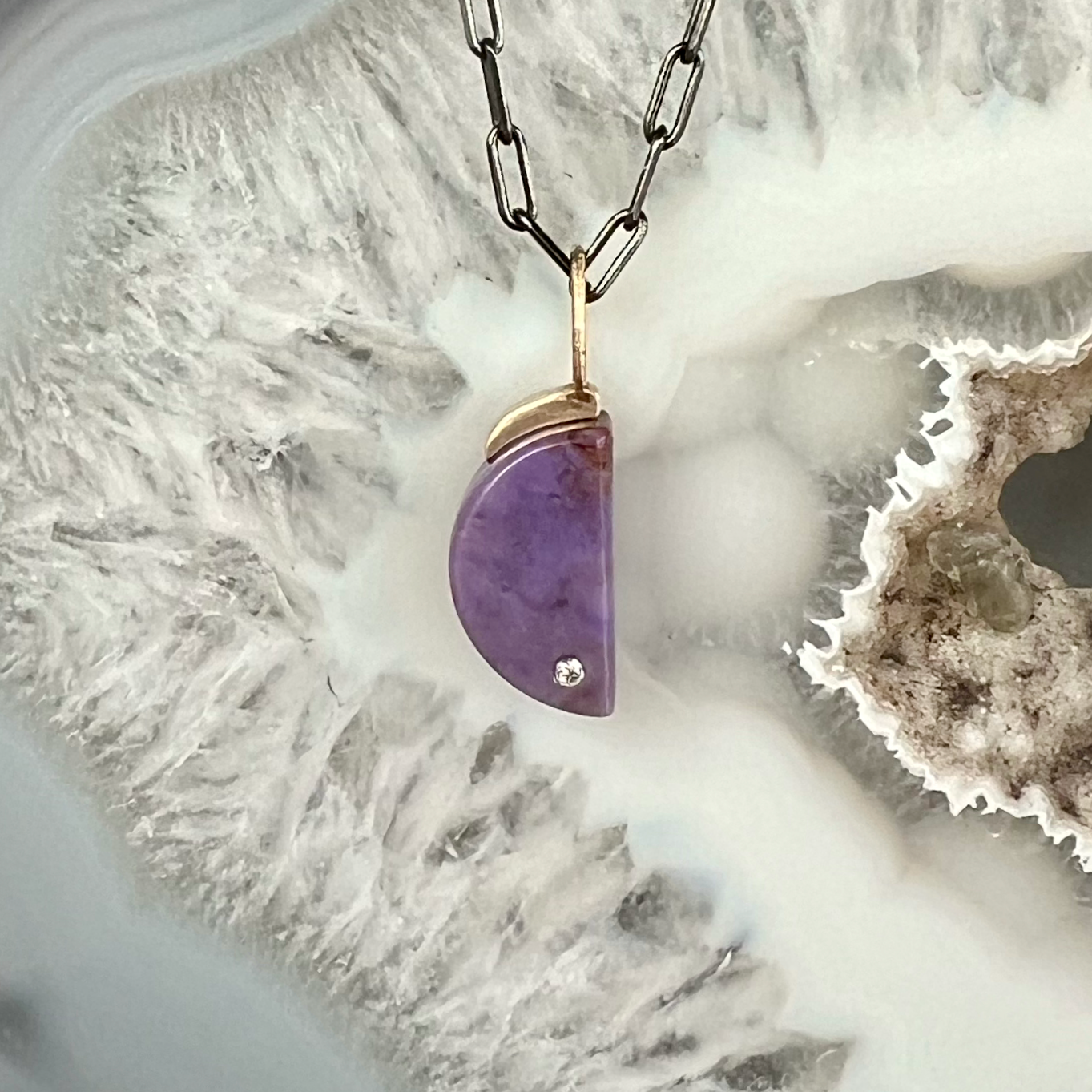 Purple Jade and Diamond Gold Moon Pendant