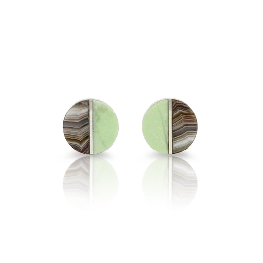 Lemon Chrysoprase and Laguna Lace Agate Inlay Stud Earrings