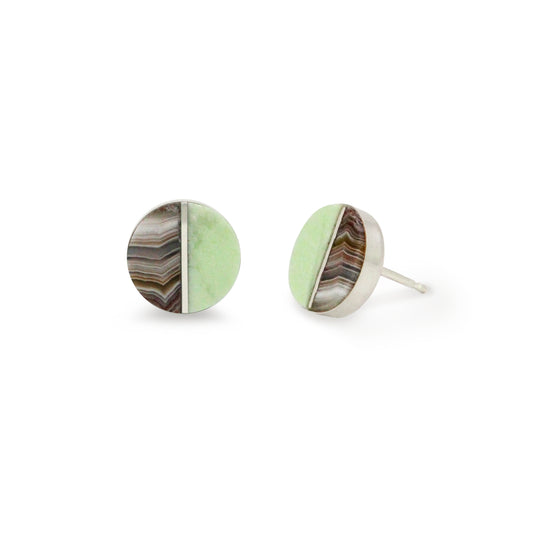 Lemon Chrysoprase and Laguna Lace Agate Inlay Stud Earrings