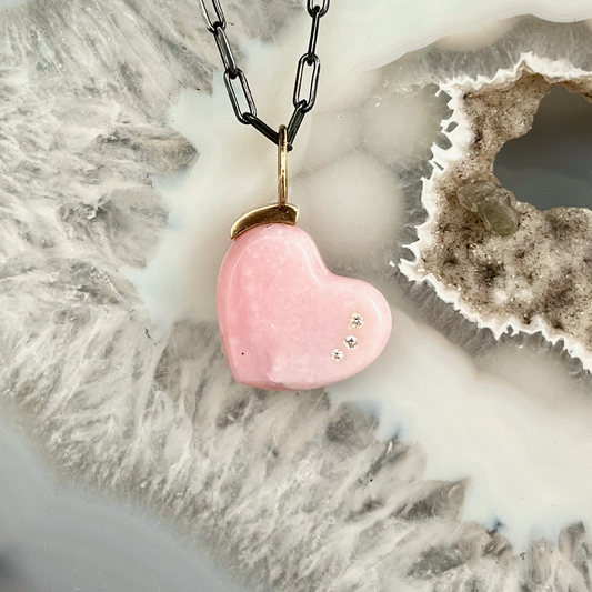 Pink Opal and Diamonds Gold Heart Pendant