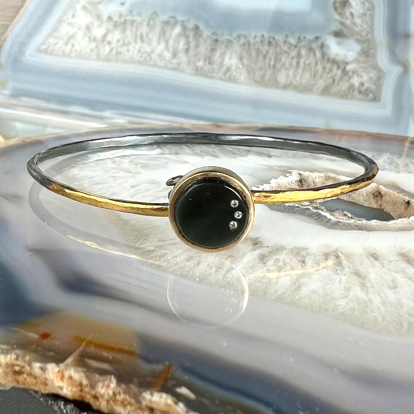 Rainbow Obsidian and Diamond Gold Moon Bracelet