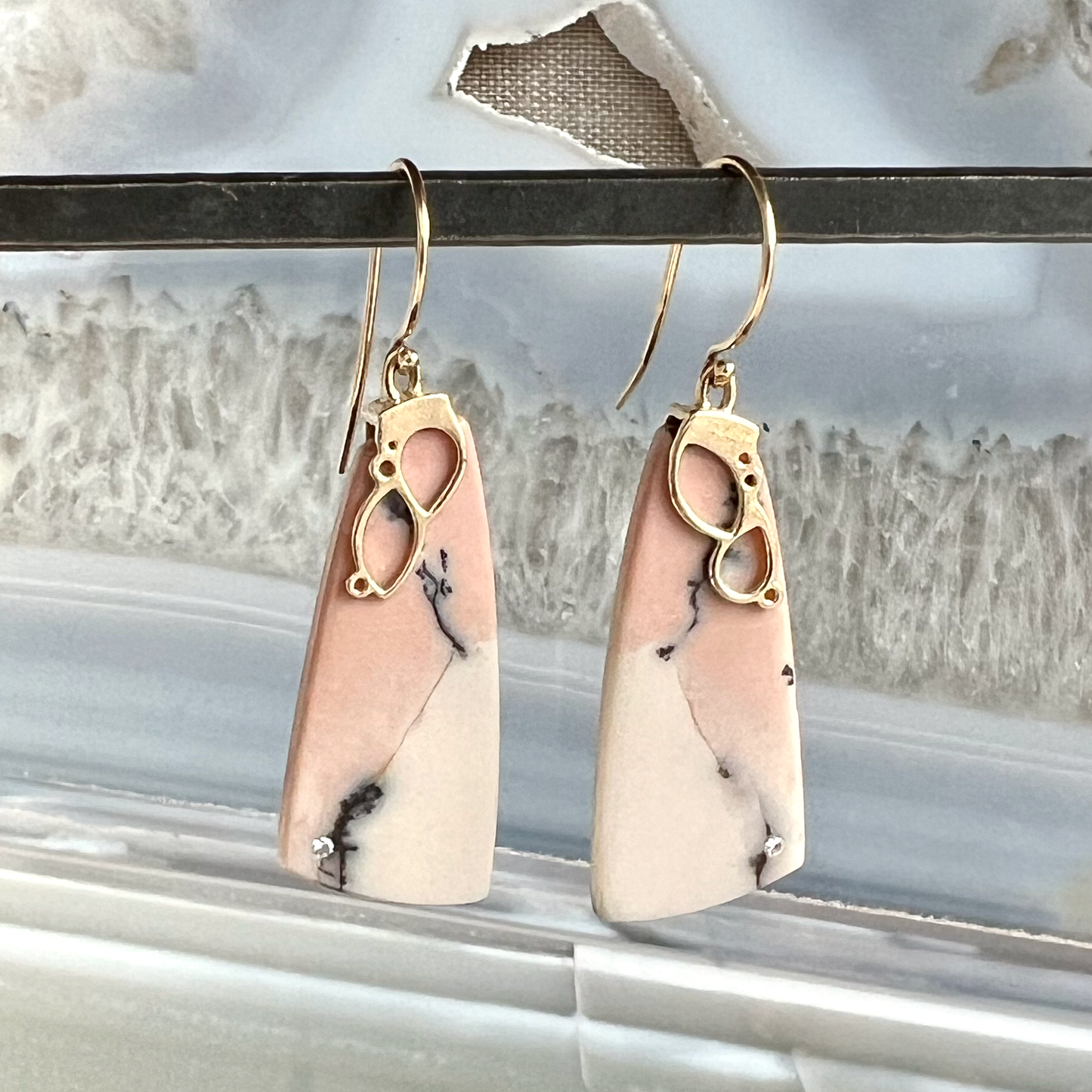 Pink Opal Agate, Diamond and Gold Earrings