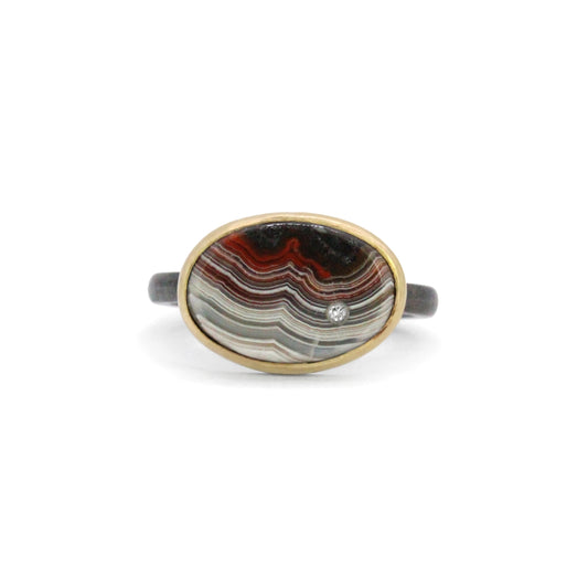 Laguna Lace Agate and Diamond Elliptical Orbit Gold Ring