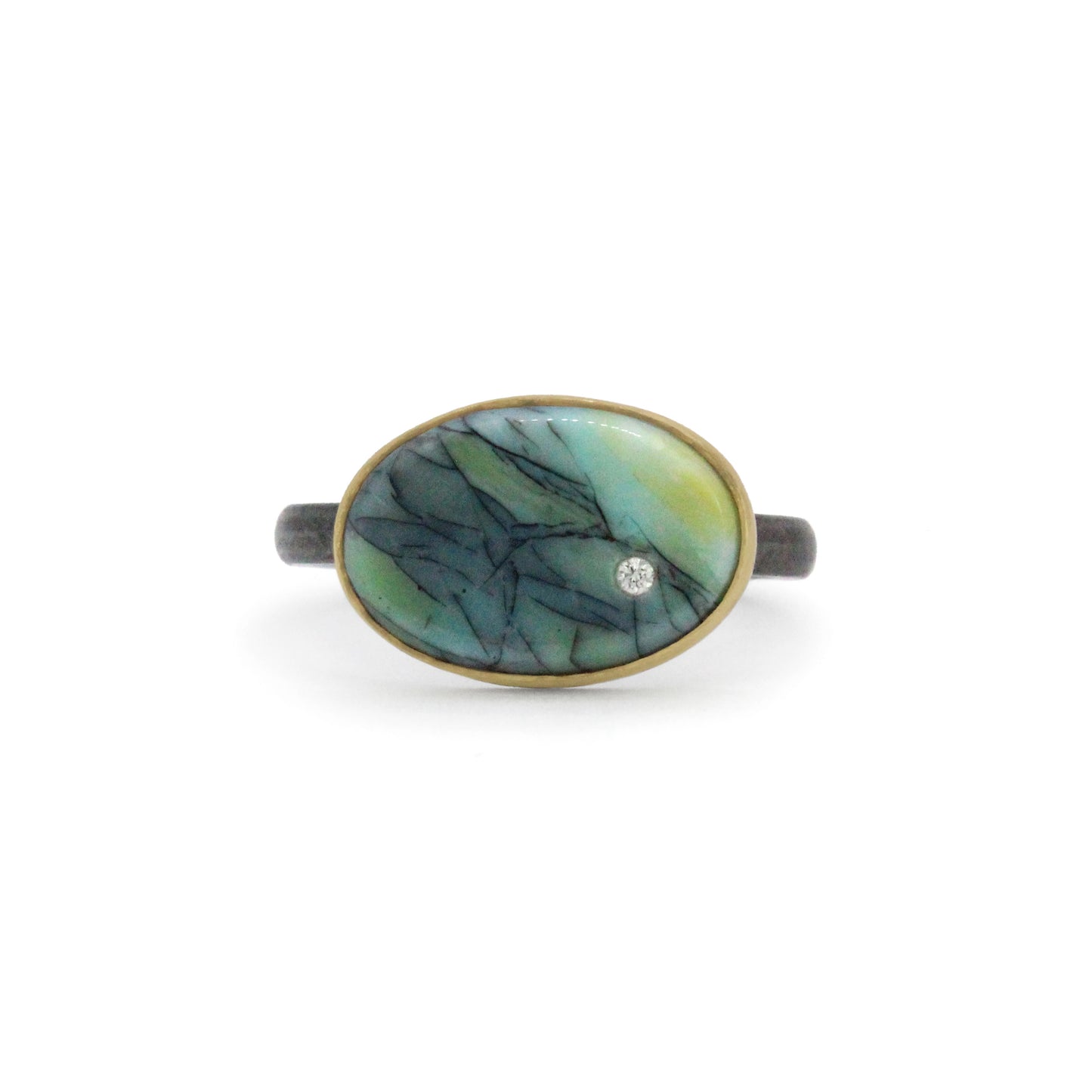 Minty Green Opalized Wood and Diamond Elliptical Orbit Gold Ring