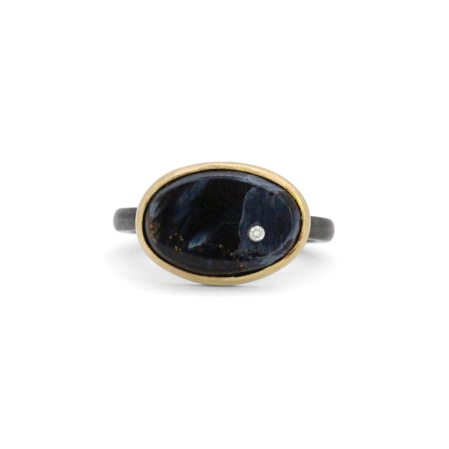 Pietersite and Diamond Elliptical Orbit Gold Ring