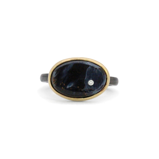 Pietersite and Diamond Elliptical Orbit Gold Ring