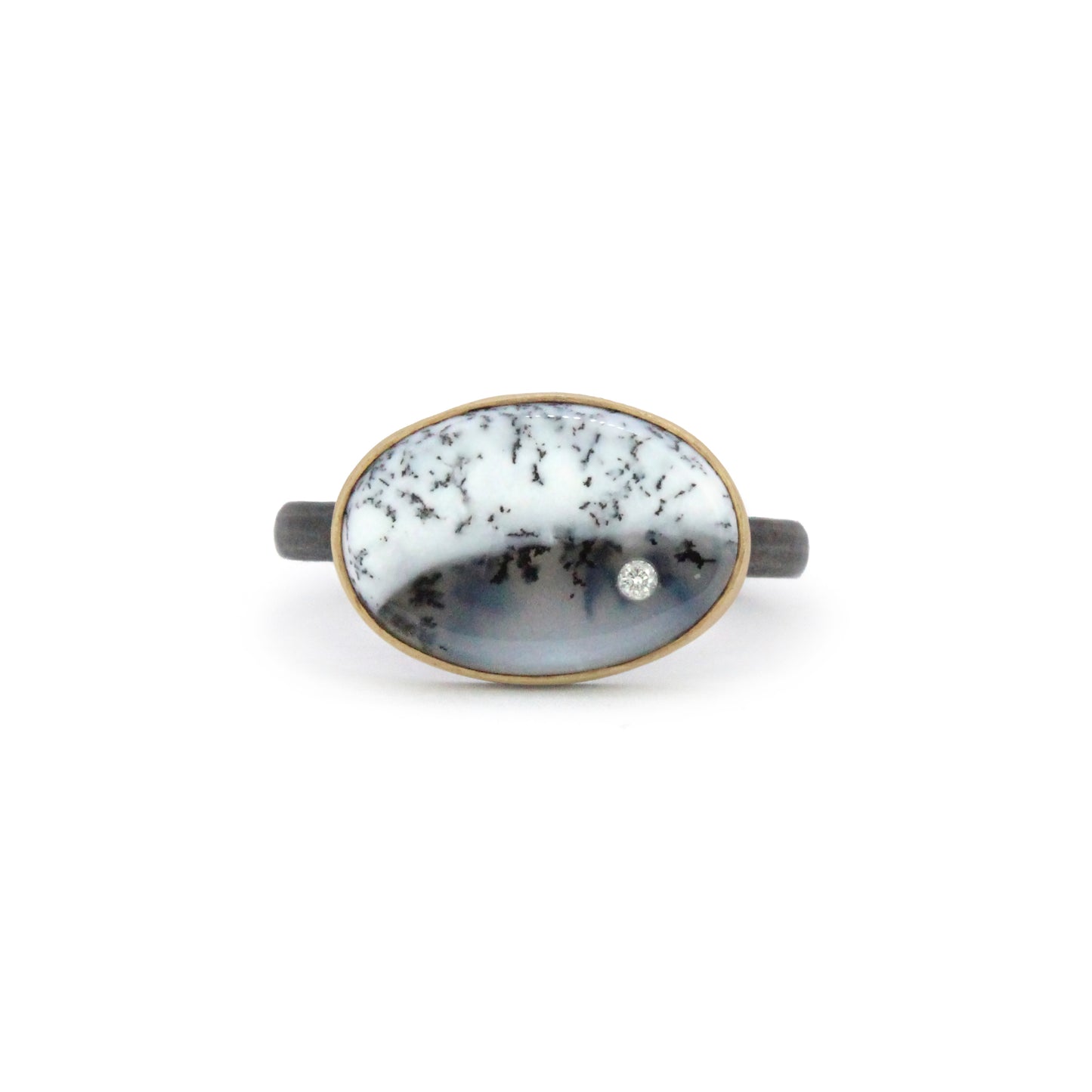 Dendritic Opal Agate and Diamond Elliptical Orbit Gold Ring