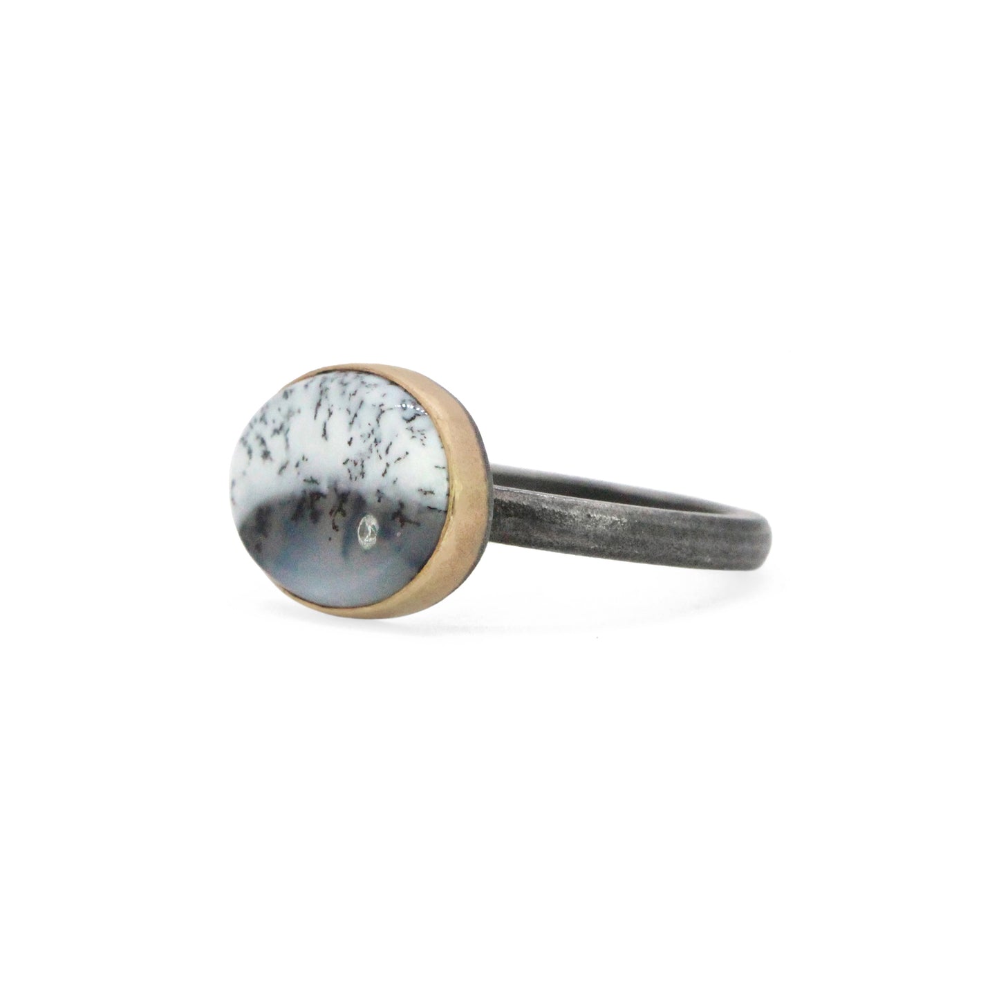 Dendritic Opal Agate and Diamond Elliptical Orbit Gold Ring