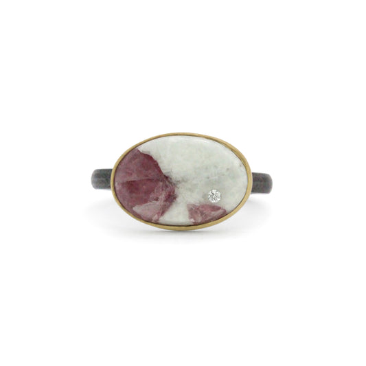 Pink Tourmaline in Quartz and Diamond Elliptical Orbit Gold Ring