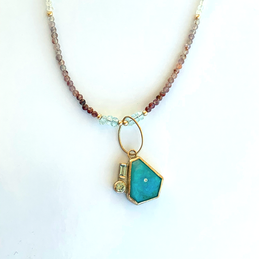 Peruvian Blue Opalized Wood, Sapphire, Aquamarine Gold Pendant (custom order)