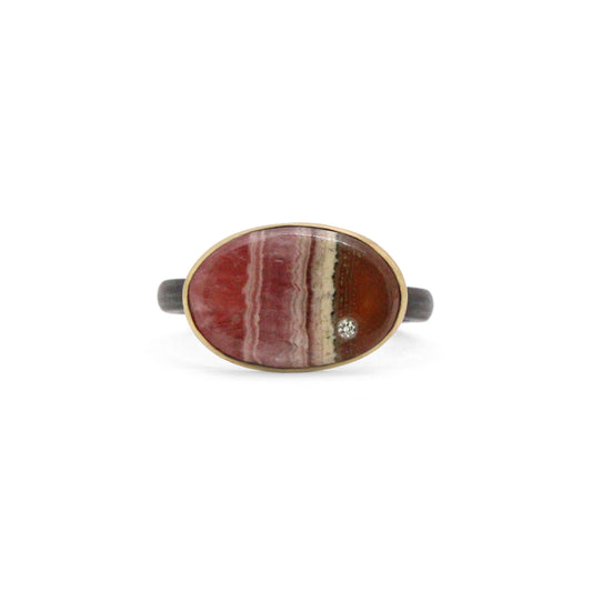 Rhodochrosite and Diamond Elliptical Orbit Gold Ring