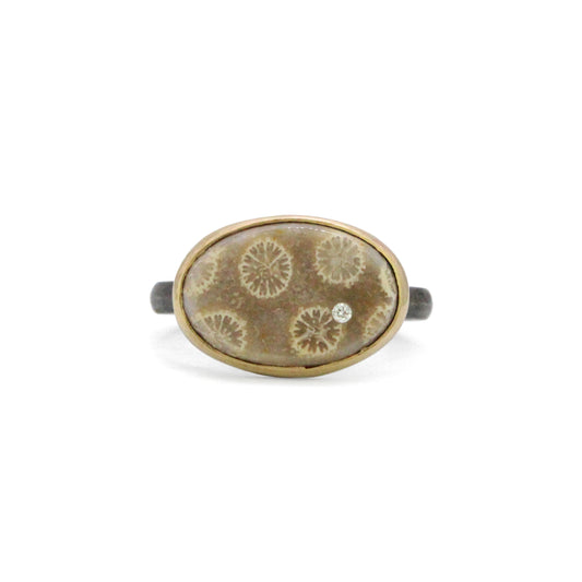 Fossilized Coral and Diamond Elliptical Orbit Gold Ring