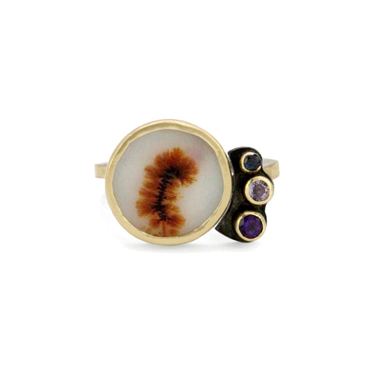 Dendritic Agate, Amethyst, Sapphire and Diamond Gold Ring