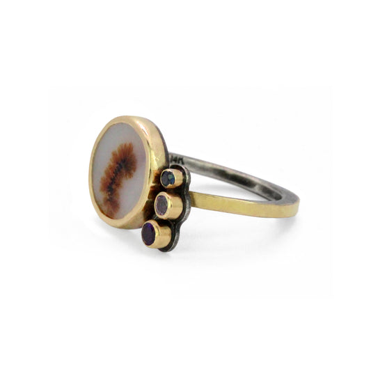 Dendritic Agate, Amethyst, Sapphire and Diamond Gold Ring