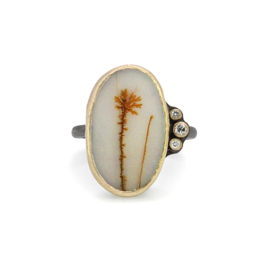 Dendritic Agate Flower Field and Diamonds Gold Ring