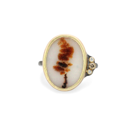 Dendritic Agate Flower and Diamonds Gold Ring